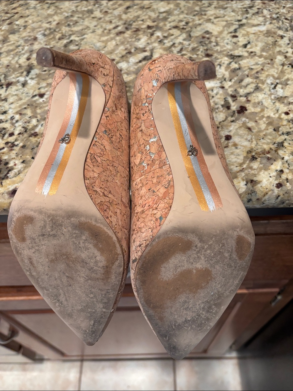 Sam Edelman Peach-Pink Cork-Effect Pointed Toe Pumps, 4 Inch heels - Picture 5 of 5